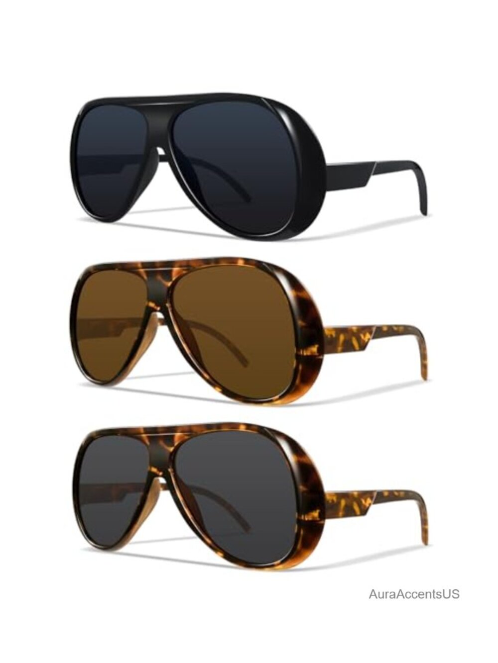 Oversized Aviator Sunglasses 3 Pack Tangle Free UV Protection Retro Shades